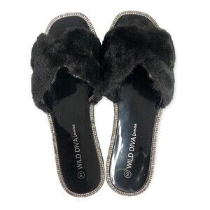 Wild Diva Lounge Black Faux Fur Rhinestone Slides